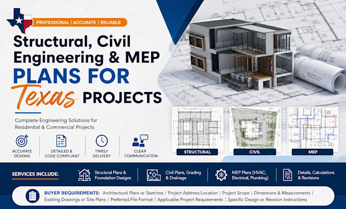 design structural civil engineering and mep plans for texas projects