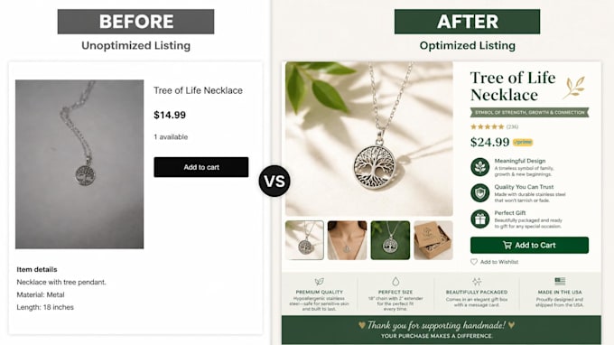 write SEO optimised etsy or amazon product listings