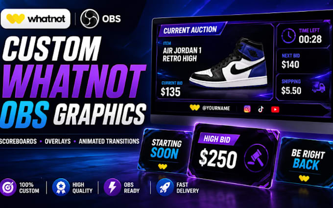create custom whatnot obs overlays, scoreboard and animated transitions