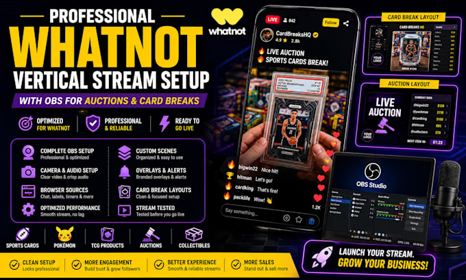 setup professional whatnot vertical stream with obs for auctions and card