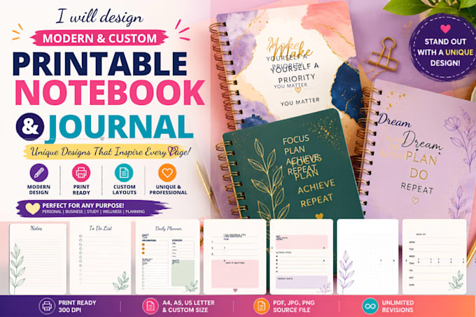 design modern custom printable, notebook and journal