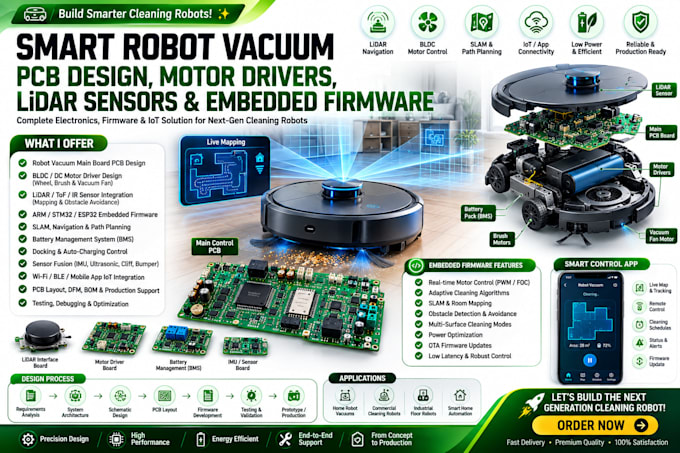 do smart robot vacuum pcb, motor drivers, lidar sensors and embedded firmware
