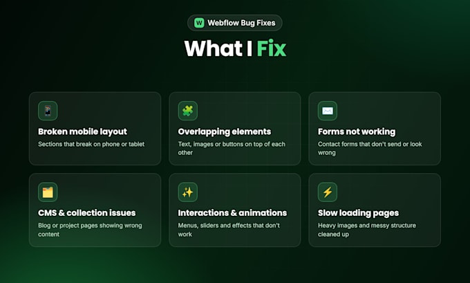 fix webflow bugs, responsive issues and layout errors