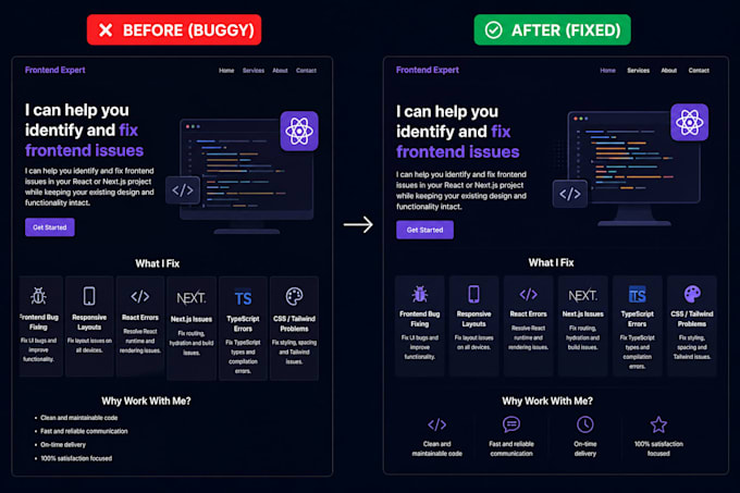 fix react nextjs frontend errors and UI responsive issues