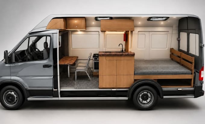 design 3d caravan, camper van, motorhome, rv cabin conversion design