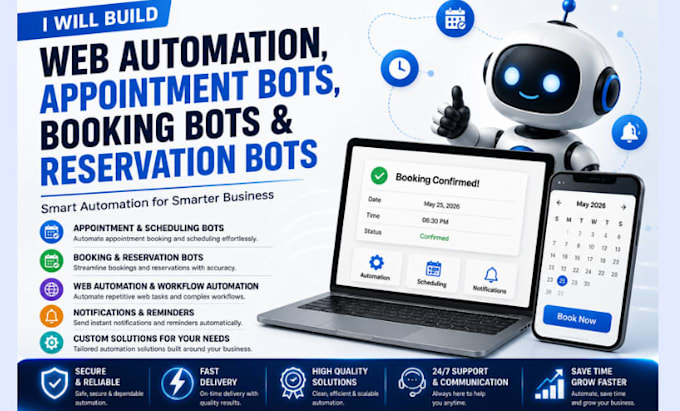 build web automation, appointment bots, booking bots and reservation bot for you