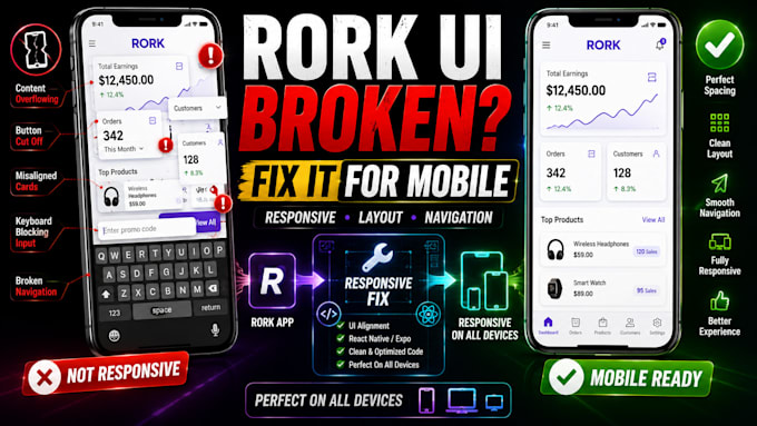 fix rork responsive UI, mobile layout, navigation and app design issues