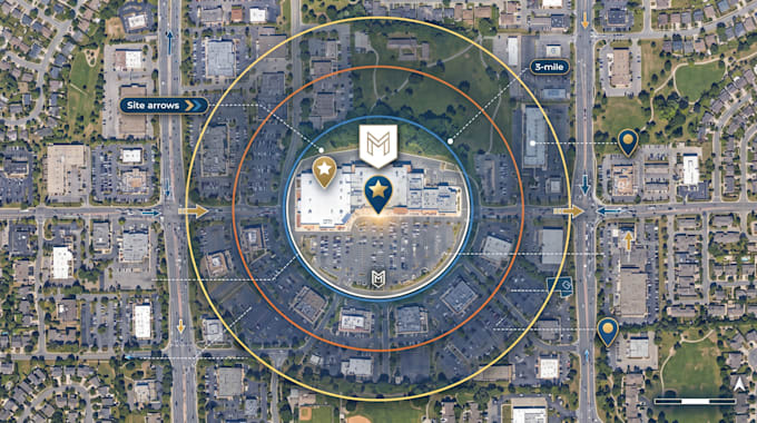 do retail aerial maps with site arrows, logo and label