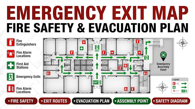 create emergency exit map, fire safety diagram and evacuation plan