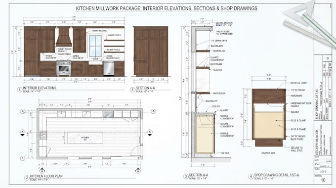 do shop drawings, kitchen drawings, sections and interior elevations