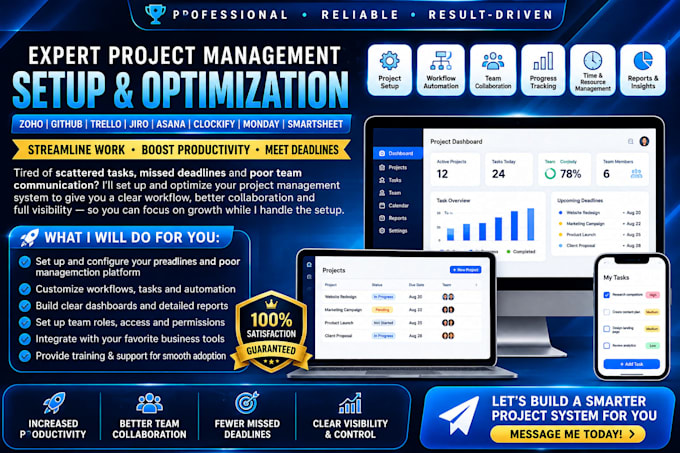 do project management zoho github trello jira asana clockify monday smartsheet