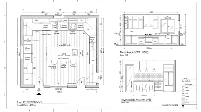draw a detailed 2d kitchen floor plan and layout