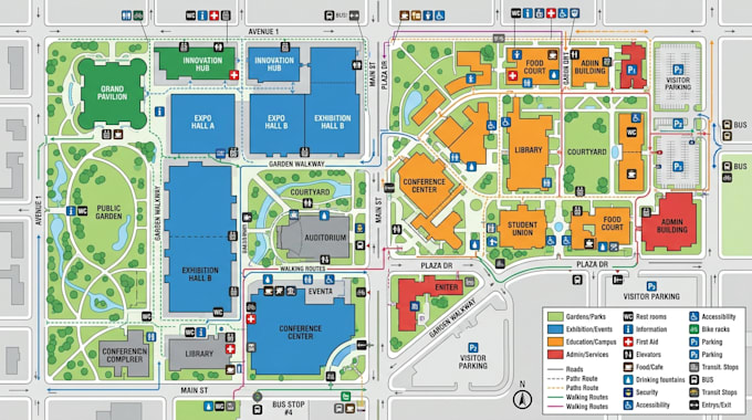 create campus, outdoor property, wayfinding and visitor map