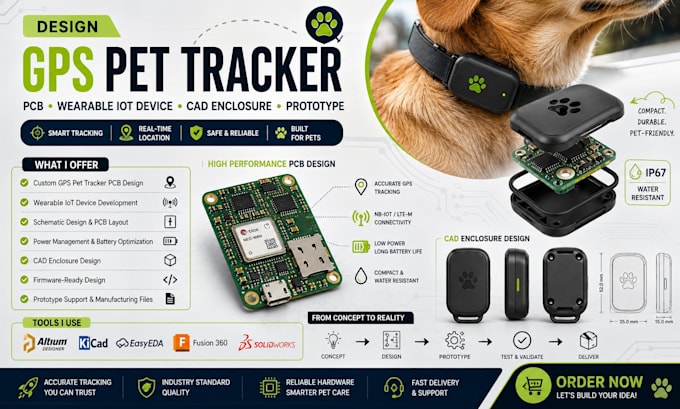 design gps pet tracker pcb, wearable iot device, cad enclosure and prototype