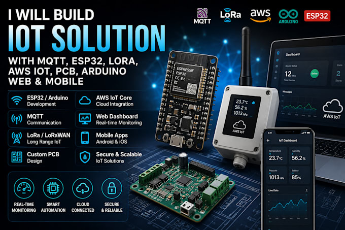 build iot solution with mqtt, esp32, lora, AWS iot pcb, arduino web and mobile