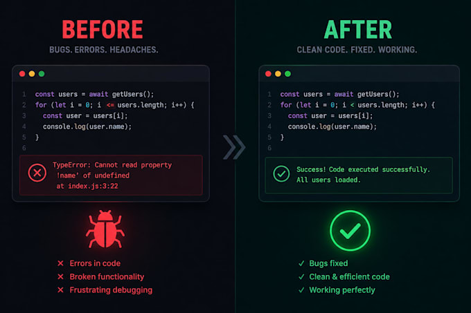 fix bugs and errors in your react, next js, node or python web app
