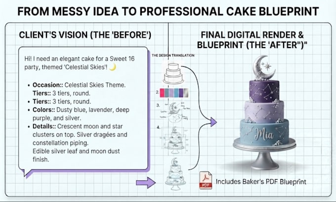 create a custom digital cake mockup and bakery blueprint for your event
