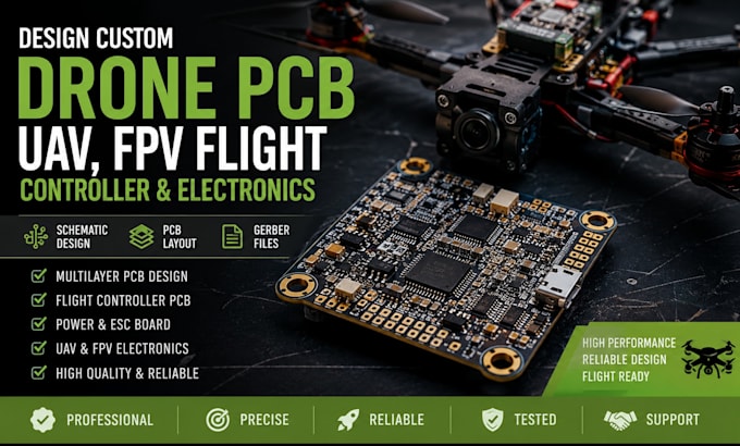 design custom drone pcb, uav, fpv flight controller and electronics