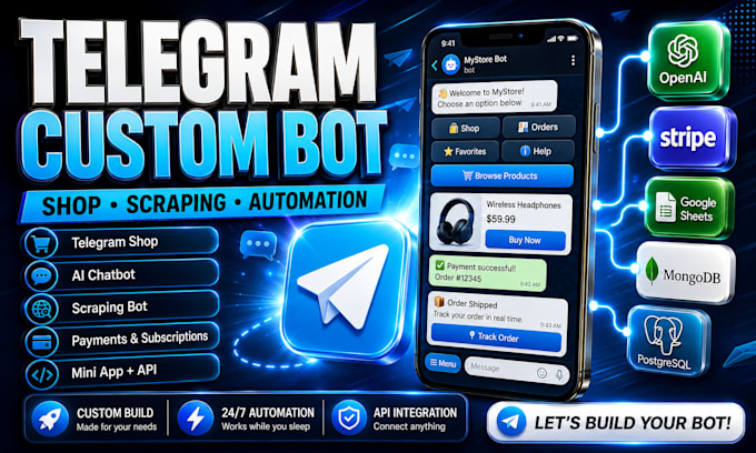 develop telegram custom bot telegram shop telegram scraping and automation bot