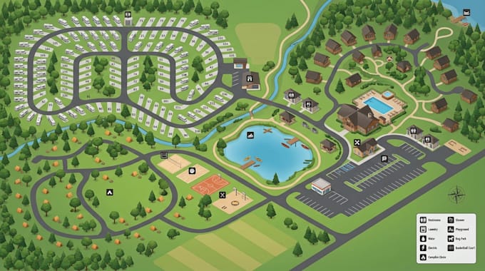 create 2d 3d vector campground, rv park, resort and site plan maps
