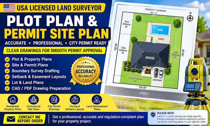 provide USA licensed land surveyor, plot plan and city permit site plan