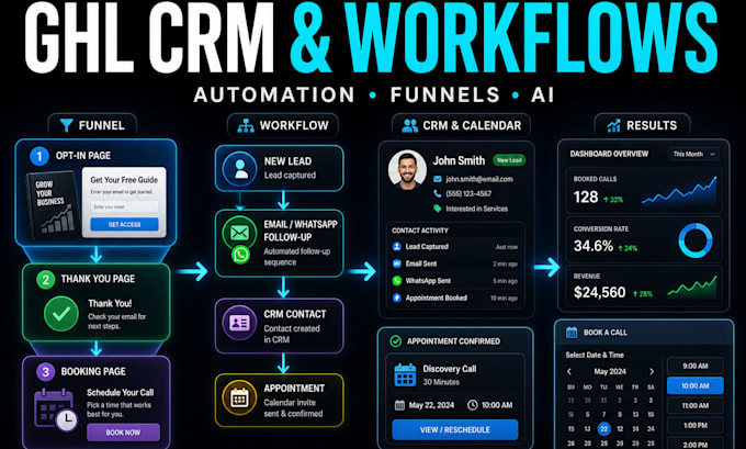 setup gohighlevel CRM funnels automations and workflows