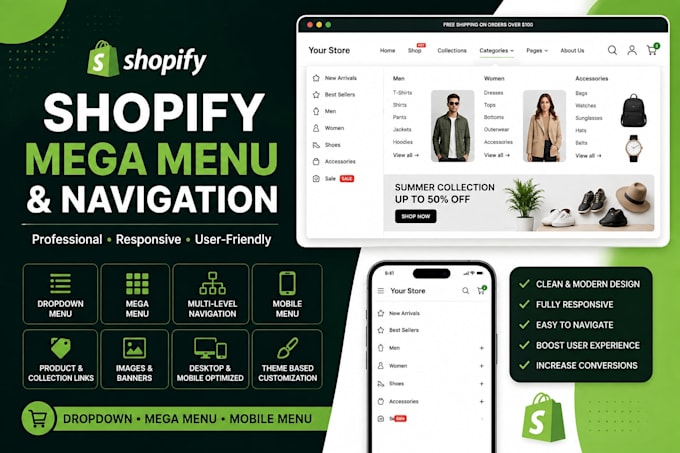setup fix shopify navigation dropdown mega menu and mobile menu