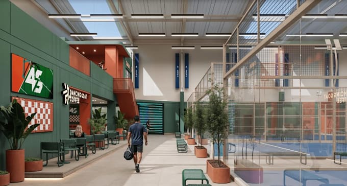 design 3d sport complex and facilities, stadiums, pickleball courts gym, render