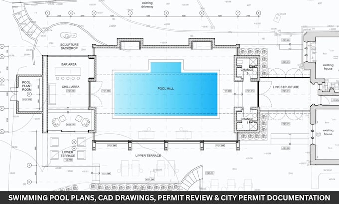 review stamp swimming pool plan pool design for city permit, cad drawing design
