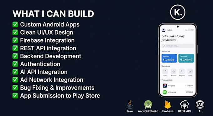 build a custom android app with java, firebase and a clean UI and UX