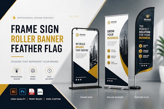 roller banner, feather flag and a frame sign