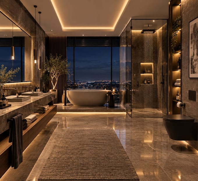 design a modern luxury bathroom interior in 3d