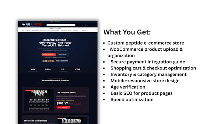 build peptide website, peptide store, ecommerce website woocommerce