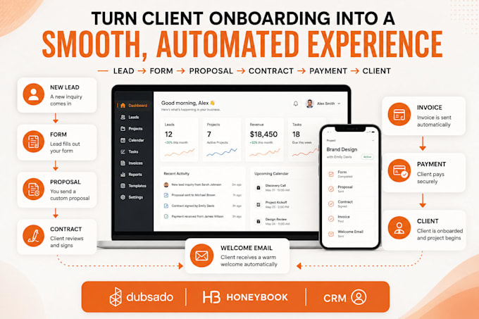 set up dubsado or honeybook CRM for client onboarding and workflows