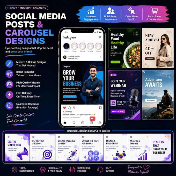 design modern social media posts and carousel graphics