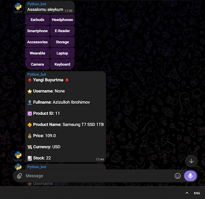 develop custom py telegram bot database and api integration