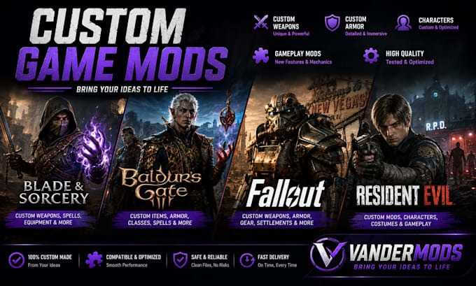 create custom mods for blade and sorcery, bg3, fallout and resident evil