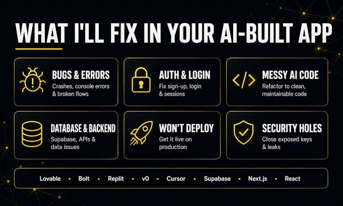 fix your ai built app from lovable bolt replit or v0