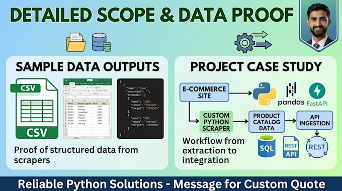 develop custom python scripts, web scraping, and api automation