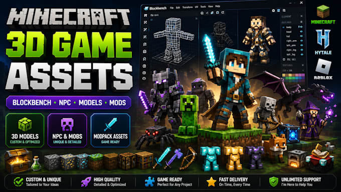 create minecraft mob npc 3d blockbench model animation hytale roblox game asset