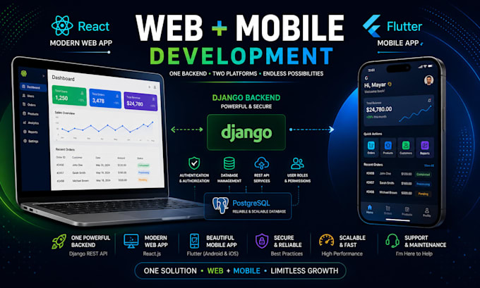 develop django react and flutter web and mobile applications