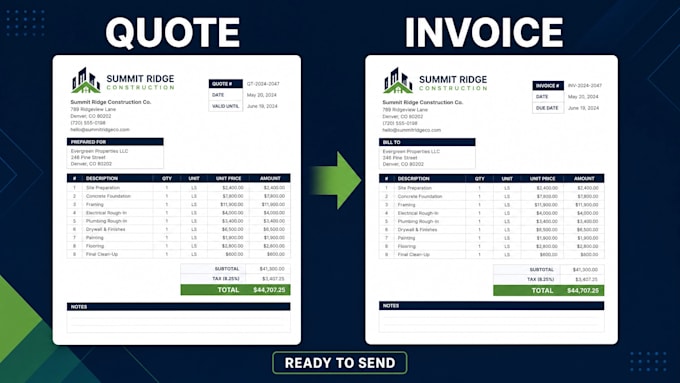 create an excel invoice and quote template for contractors