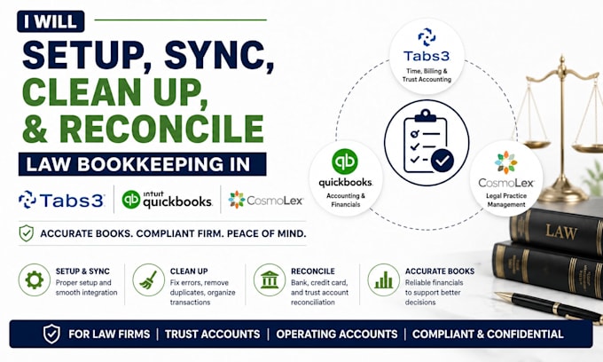 set up, sync, clean up , reconcile law bookkeeping in tabs3, quickbooks cosmolex