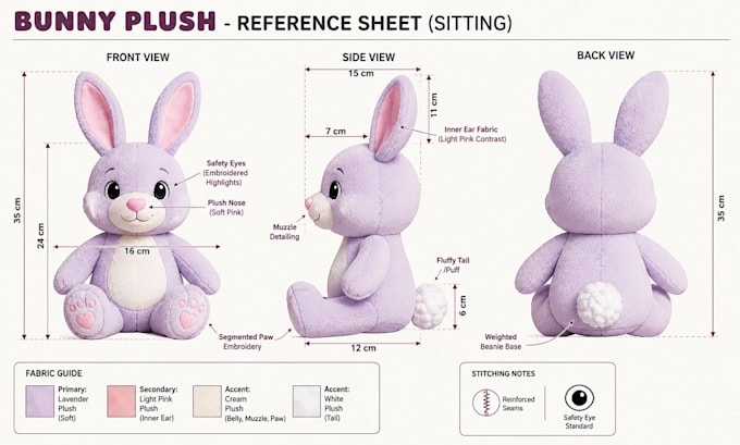design custom plush toy, stuffed animal reference sheet and tech pack