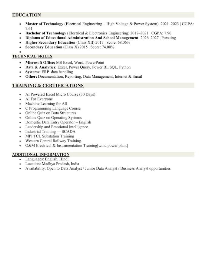 create an ats friendly resume CV optimized for job applications