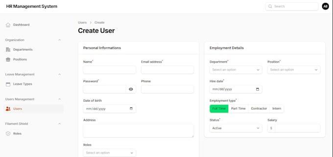 develop a laravel filament admin panel with role based access