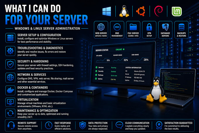 configure, manage and troubleshoot linux or windows servers