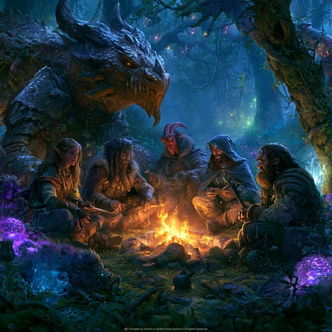 create an epic dnd party illustration for your adventure