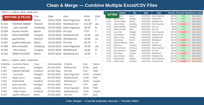 clean up, organize, merge and format excel and CSV data