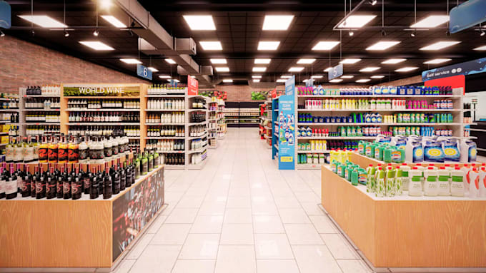 design a realistic 3d mart, supermarket and retail store